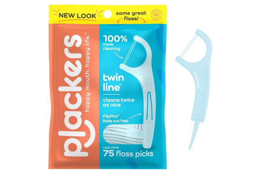 Plackers Hilo dental de doble línea, sabor a menta fresca, sistema de hilo dental de doble acción, fácil almacenamiento, Super Tuffloss, 2 veces más limpio, 75 unidades
