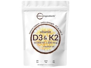 Vitamina D3 10000 iu Plus K2 (MK-7) 200 mcg, 300 cápsulas blandas de aceite de coco virgen | Complejo de vitaminas D y K 2 en 1 | Apoya la absorción de calcio y la salud ósea, inmune y cardíaca: fácil de tragar