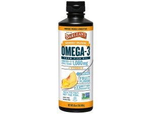 Suplemento líquido de aceite de pescado Omega 3 de mango melocotón de Barlean's con vitamina D, 1080 mg de ácido graso EPA y DHA, sabor a batido y sin eructos para la salud del cerebro, las articulaciones y el corazón, 16 oz