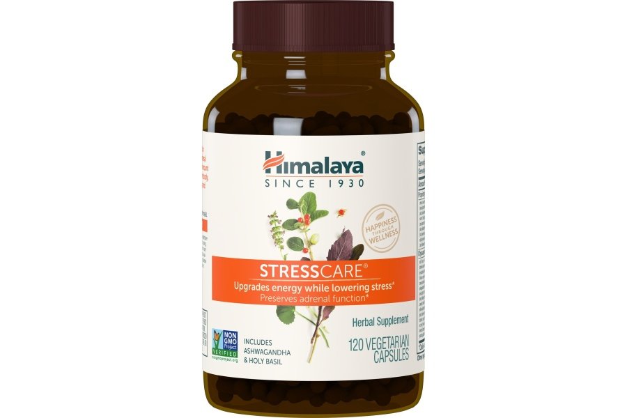 Suplemento herbario Himalaya StressCare, apoya el alivio del estrés, apoyo energético, relajación, insomnio ocasional, Ashwagandha, albahaca sagrada/Tulsi, centella asiática, sin OGM, vegetariano, 120 cápsulas