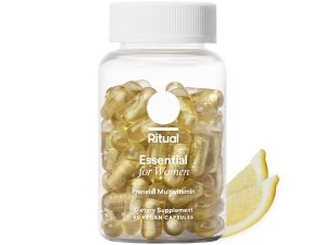 Ritual Essential for Women Prenatal Multivitamin: Folato y colina para el soporte del tubo neural, Omega-3 DHA para el desarrollo del cerebro fetal, hierro, calcio auxiliar D3 y K2, sin OGM, vegano, cítricos, 30 días
