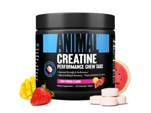 Tabletas masticables de creatina animal - Monohidrato de creatina mejorado con AstraGin para mejorar la absorción, sal marina para bombas adicionales, tabletas masticables deliciosas y convenientes - Ponche de frutas