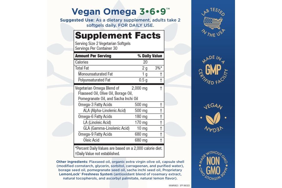 Purity Products Omega 3-6-9 Fórmula Omega vegana y vegetariana - Complejo de ácidos grasos esenciales "5 en 1" - Omega 3 6 9 ácidos grasos esenciales (EFA) científicamente formulados a base de plantas - de (60) - Image 2