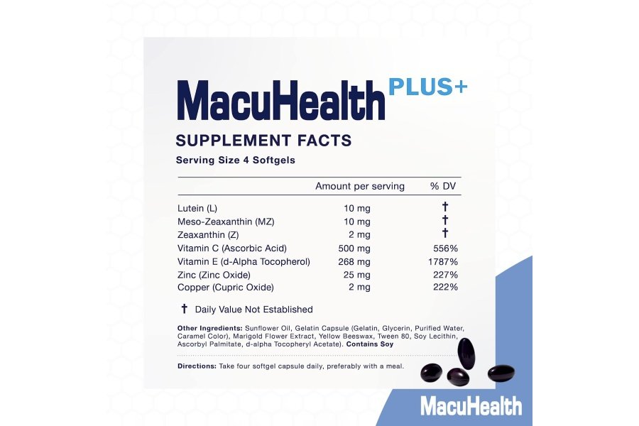 Macuhealth Plus+ Suplemento de vitaminas para ojos para adultos - Suministro de 90 días con luteína, zeaxantina y meso-zeaxantina - Sin sabor, vitamina para ojos - Image 2