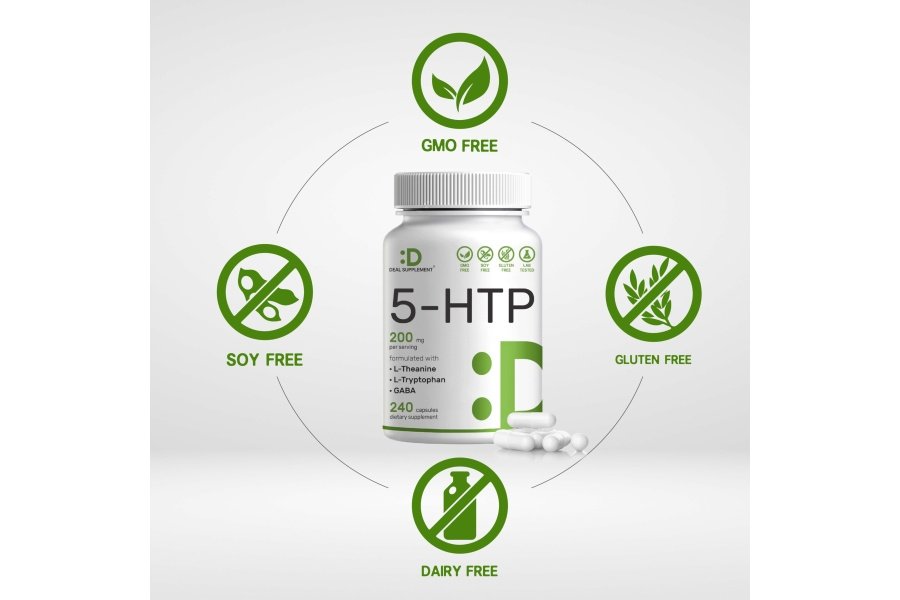 5-HTP 200 mg por porción, 240* cápsulas, 98 % extracto de semilla de Griffonia de origen africano | Fórmula 4 en 1 | Además de L teanina activa, L triptófano y GABA | Suplemento de apoyo a la relajación - Image 4