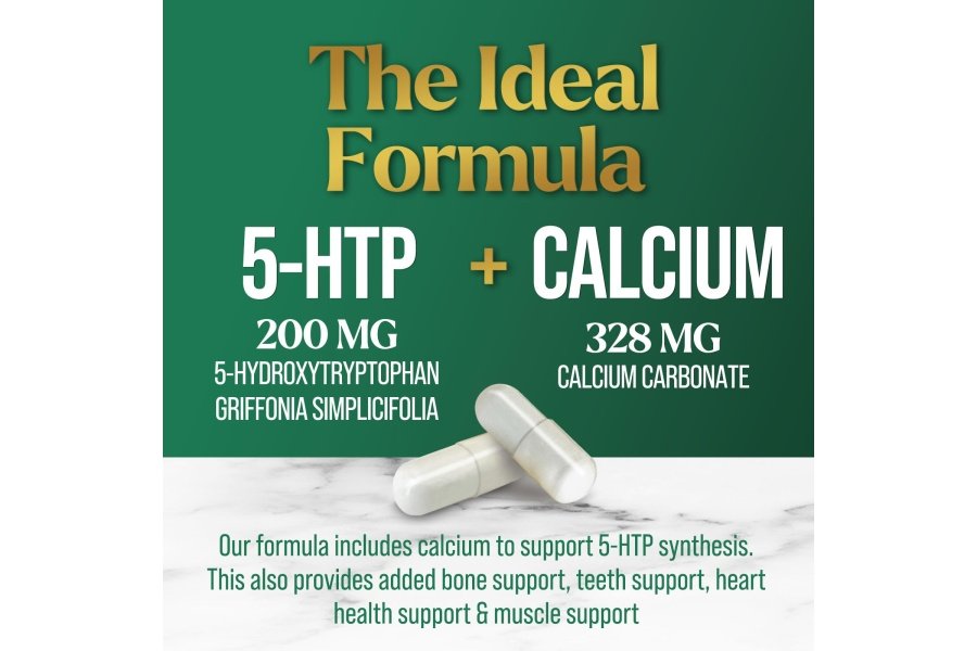 5 cápsulas de suplemento HTP 200 mg 5HTP Plus calcio para el estado de ánimo cerebral y apoyo al sueño - Fórmula 5-HTP extra fuerte - 5 hidroxitriptófano - Natural, vegetariano, sin gluten y sin OGM - 120 unidades - Image 3