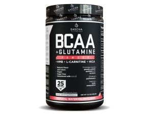 SASCHA FITNESS BCAA 4:1:1 + Glutamina, HMB, L-Carnitina, HICA | Mezcla en polvo potente e instantánea con aminoácidos de cadena ramificada (BCAA) para pre, intra y post-entrenamiento | Sabor natural a sandía, 362,5 g