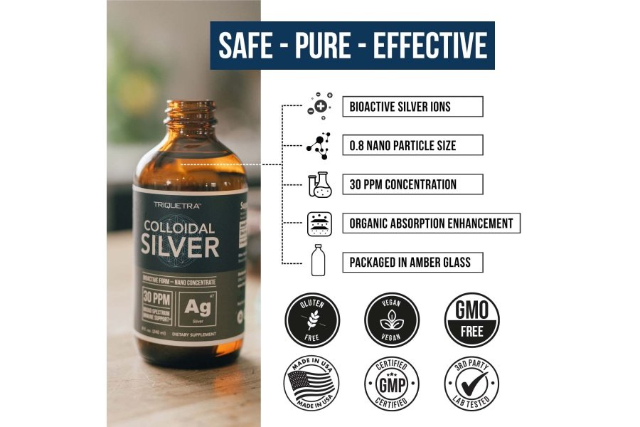 Plata coloidal bioactiva - 8 oz, botella de vidrio, vegana, dosis seguras con la mayor eficacia - Nano iones, 30 PPM - Apoyo inmunológico (48 porciones) - Image 7