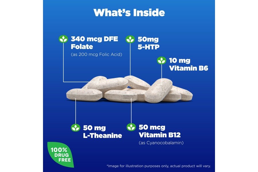 Natrol Mood Positive 5-HTP 50 mg con L-teanina, vitamina B6, vitamina B12 y folato, suplemento dietético que ayuda a mantener un estado de ánimo positivo, 50 tabletas, suministro para 25 a 50 días - Image 3