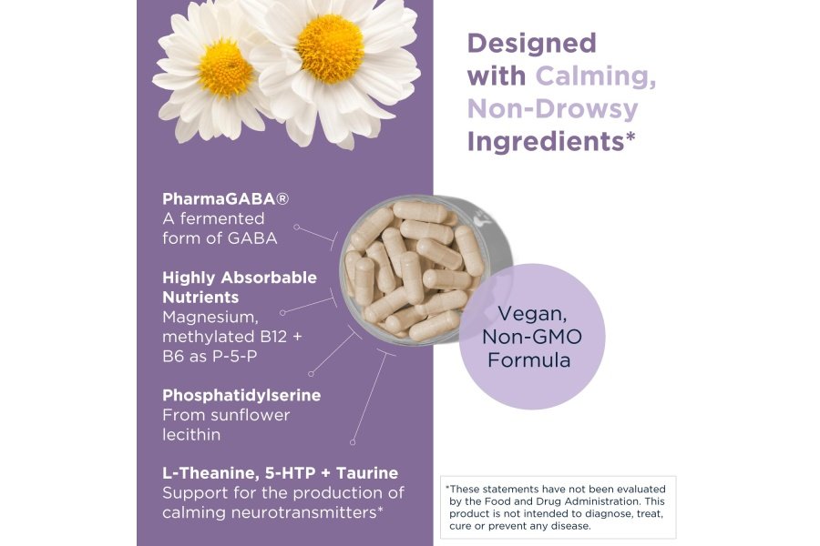 Designs for Health NeuroCalm - Suplemento 5HTP GABA L-teanina para respuesta al estrés - B12 metilado, vitamina B6, taurina, manzanilla y magnesio Suplemento para apoyo del estado de ánimo (60 cápsulas veganas) - Image 3