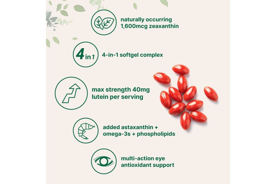 Micro Ingredients Luteína y Zeaxantina 40 mg cápsulas blandas, 240 unidades, con astaxantina, omega-3 y fosfolípidos | Vitaminas para la salud de los ojos y la visión | Probado por terceros, sin OGM, sin gluten - Image 3