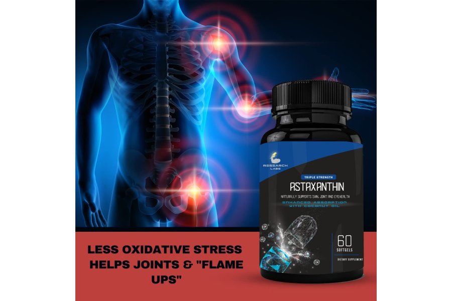 Research Labs Astaxantina natural de triple potencia, 12 mg, cápsulas blandas + botella extra de aceite de coco orgánico para una mejor absorción, potente antioxidante que apoya la salud de las articulaciones y el corazón, 120 cápsulas blandas en total - Image 3