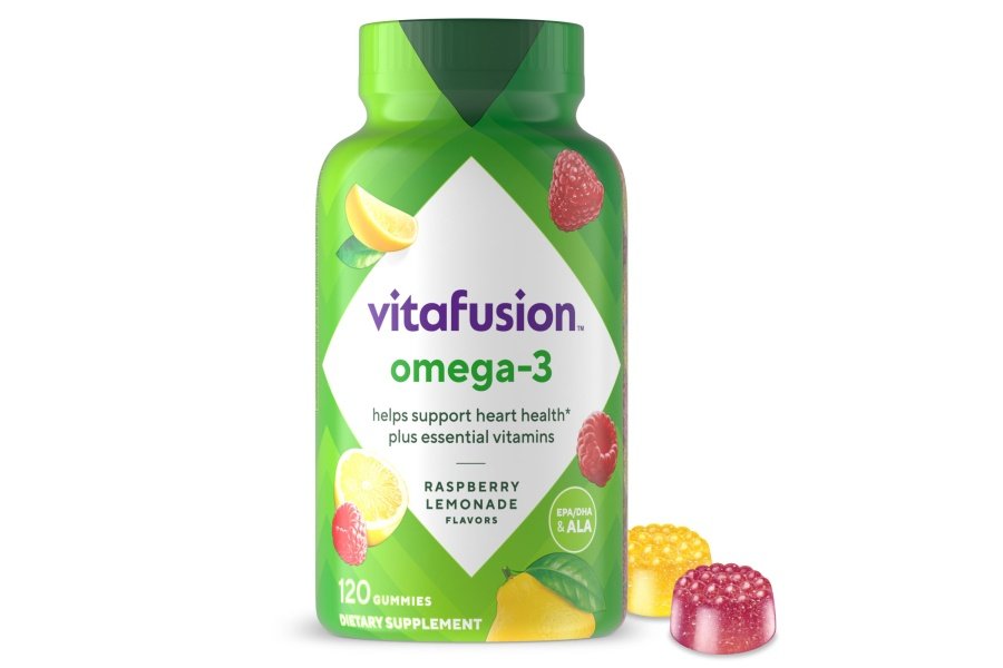 Vitafusion Vitaminas gomosas Omega-3, sabor a limonada de bayas, vitaminas para la salud del corazón (1) con Omega 3 EPA/DHA y vitaminas A, C, D y E, la marca de vitaminas número 1 de Estados Unidos, suministro para 60 días, 120 unidades