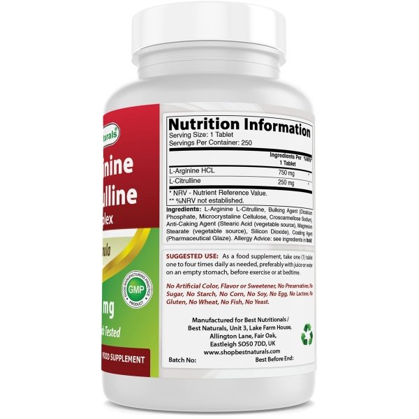 Best Naturals L-Arginina L-Citrulina Complejo Tabletas, 250 unidades - Image 2