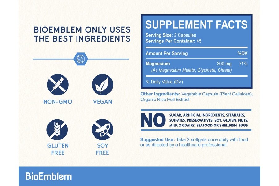 Complejo triple de magnesio BioEmblem | 300 mg de glicinato, malato y citrato de magnesio para músculos, nervios y energía | Alta absorción | Vegano, sin OGM | 90 Cápsulas - Image 4
