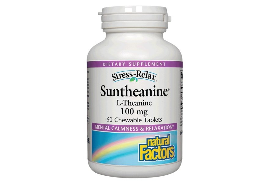 Stress-Relax Suntheanine L-Theanine masticable 100 mg de Natural Factors, apoyo al estrés sin somnolencia para la calma mental y la relajación, sabor a frutas tropicales, 60 tabletas