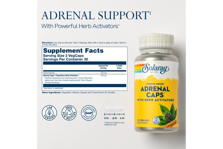 Solaray Suprarrenal Caps Liofilizado, Veg Cap (Btl-Plástico) 170 mg 60 ct - Image 2