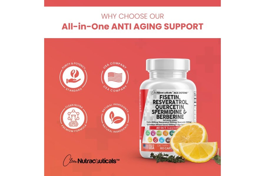 Clean Nutraceuticals Fisetina 2500 mg Quercetina 1000 mg Resveratrol 1000 mg con espermidina Extracto de germen de trigo 1000 mg - Suplemento de salud para adultos Longevidad con berberina, colágeno, rodiola, apigenina - Image 5