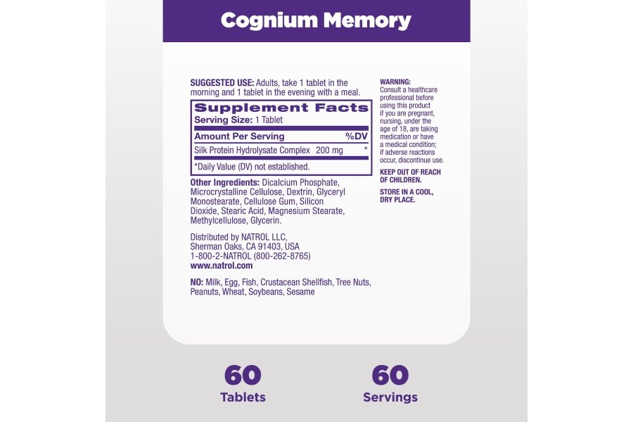Natrol Cognium Memory Hidrolizado de proteína de seda extra fuerte 200 mg, suplemento dietético para la salud cerebral y apoyo a la memoria, 60 tabletas, suministro para 30 días - Image 5