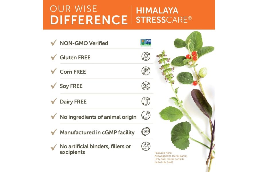Suplemento herbario Himalaya StressCare, apoya el alivio del estrés, apoyo energético, relajación, insomnio ocasional, Ashwagandha, albahaca sagrada/Tulsi, centella asiática, sin OGM, vegetariano, 120 cápsulas - Image 4