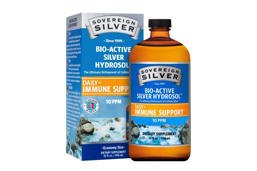 Hidrosol de plata bioactivo Sovereign Silver para apoyo inmunológico - Plata coloidal - 10 ppm, 32 oz (946 ml) - Tamaño familiar