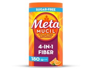 Metamucil Suplemento diario de fibra en polvo 4 en 1, fibra en polvo para la salud digestiva y la regularidad*, sin azúcar, naranja, fibra de psyllium de origen natural, 180 cucharaditas