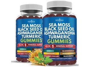 Musgo marino 3000 mg con aceite de semilla negra de oro coloidal 2000 mg Ashwagandha 1000 mg cúrcuma 1000 mg fucus 1000 mg bardana 1000 mg - con Manuka, diente de león de miel con oligoelementos - 120 unidades