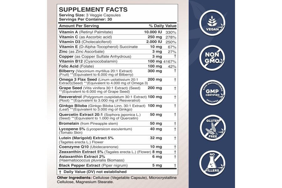 Suplementos de luteína y zeaxantina - Vitaminas para la salud ocular - Astaxantina, Omega 3, resveratrol, arándano, licopeno, quercetina, ginkgo biloba, vitamina D - Fórmula avanzada de apoyo ocular y visión saludable - Image 2