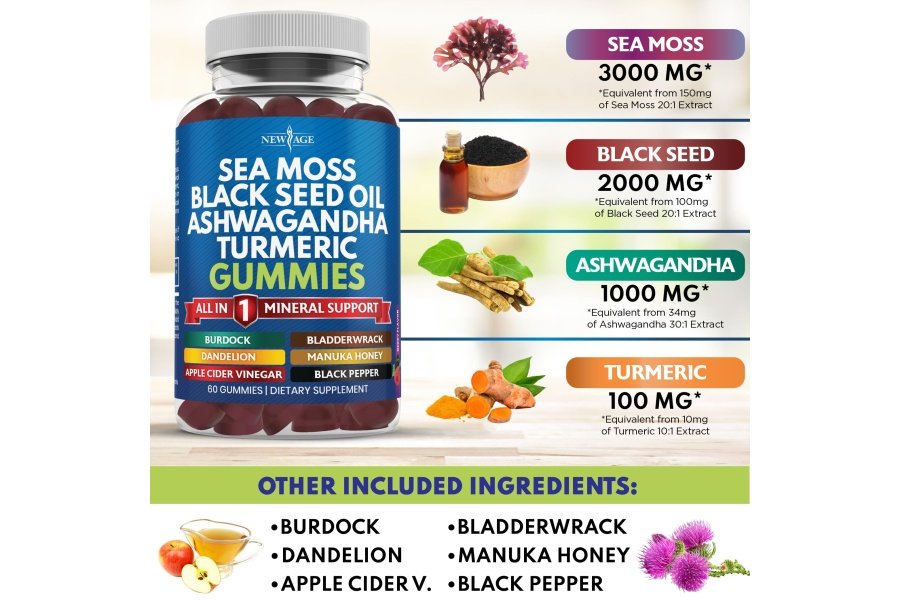 Musgo marino 3000 mg con aceite de semilla negra de oro coloidal 2000 mg Ashwagandha 1000 mg cúrcuma 1000 mg fucus 1000 mg bardana 1000 mg - con Manuka, diente de león de miel con oligoelementos - 120 unidades - Image 3