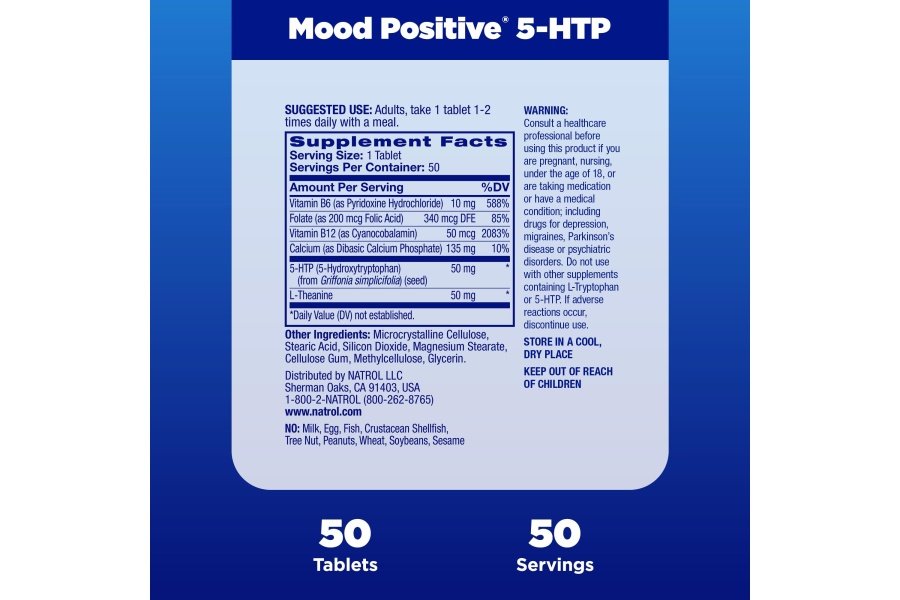 Natrol Mood Positive 5-HTP 50 mg con L-teanina, vitamina B6, vitamina B12 y folato, suplemento dietético que ayuda a mantener un estado de ánimo positivo, 50 tabletas, suministro para 25 a 50 días - Image 5