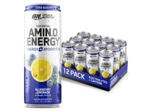 Optimum Nutrition Amino Energy bebida hidratante espumosa, electrolitos, cafeína, aminoácidos, BCAA, sin azúcar, limonada de arándanos, 12 onzas líquidas, paquete de 12 (el embalaje puede variar)