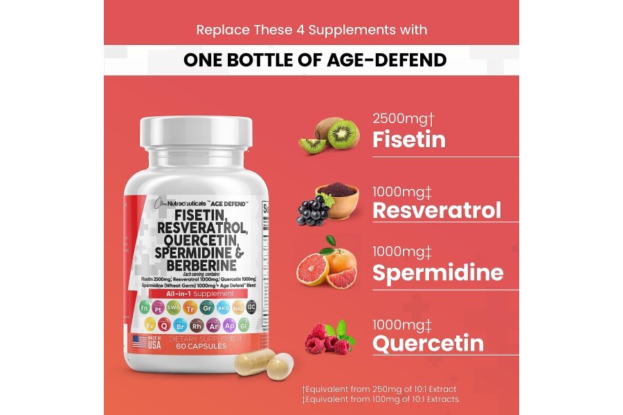 Clean Nutraceuticals Fisetina 2500 mg Quercetina 1000 mg Resveratrol 1000 mg con espermidina Extracto de germen de trigo 1000 mg - Suplemento de salud para adultos Longevidad con berberina, colágeno, rodiola, apigenina - Image 3