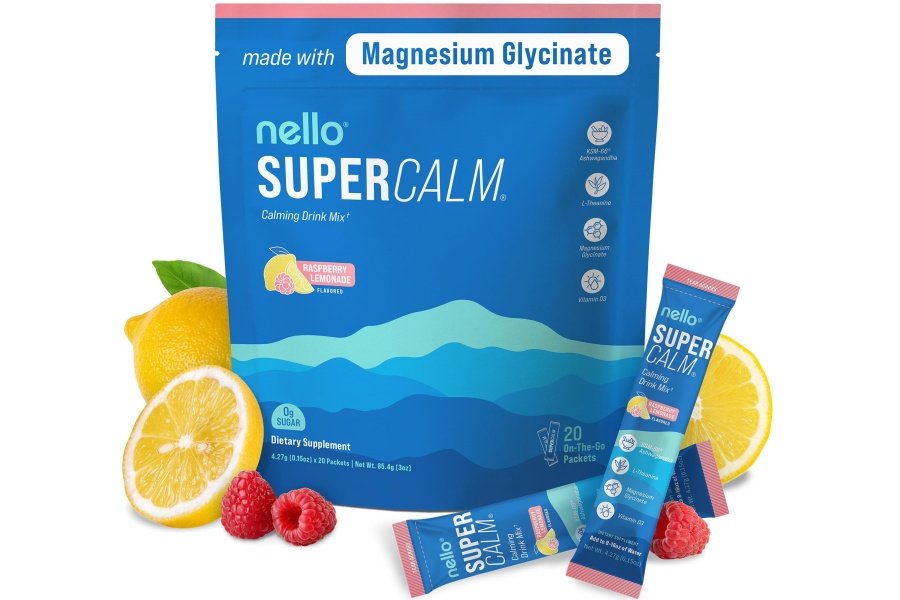 Mezcla de bebida en polvo Nello Supercalm, limonada de frambuesa, L teanina, Ashwagandha Ksm-66, glicinato de magnesio, vitamina D 3, suplementos para relajación y concentración, sin azúcar, sin OGM, para llevar, 20 unidades