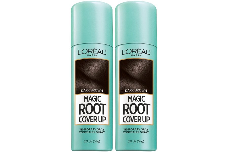 L'Oreal Paris Root Cover Up Spray corrector temporal gris, spray para color de cabello con cobertura de relleno y espesamiento, marrón oscuro, paquete de 2, el embalaje puede variar