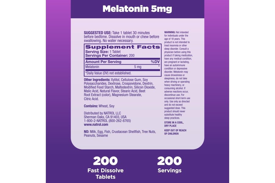 Natrol Sleep Melatonina 5 mg tabletas de disolución rápida, ayuda para dormir durante la noche para adultos, 200 tabletas de melatonina con sabor a fresa, suministro para 200 días - Image 6