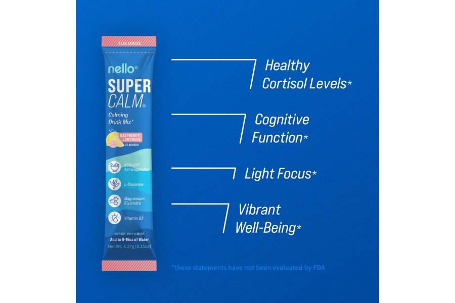 Mezcla de bebida en polvo Nello Supercalm, limonada de frambuesa, L teanina, Ashwagandha Ksm-66, glicinato de magnesio, vitamina D 3, suplementos para relajación y concentración, sin azúcar, sin OGM, para llevar, 20 unidades - Image 3