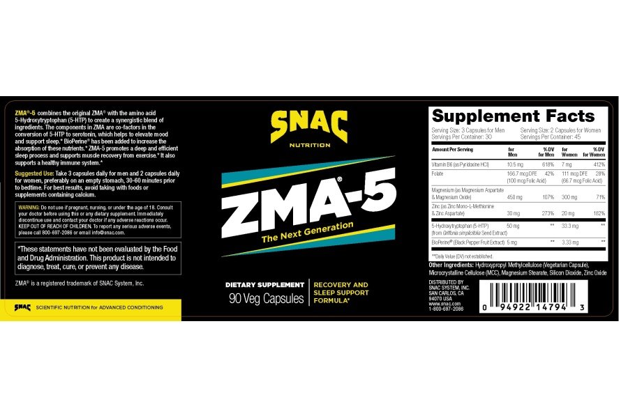 SNAC ZMA-5 Suplemento de ayuda para dormir, promueve la recuperación y el crecimiento muscular, apoyo inmunológico y sueño reparador con zinc, magnesio y 5-HTP, después del entrenamiento, antes de acostarse Suplementos ZMA 90 cápsulas vegetales - Image 2
