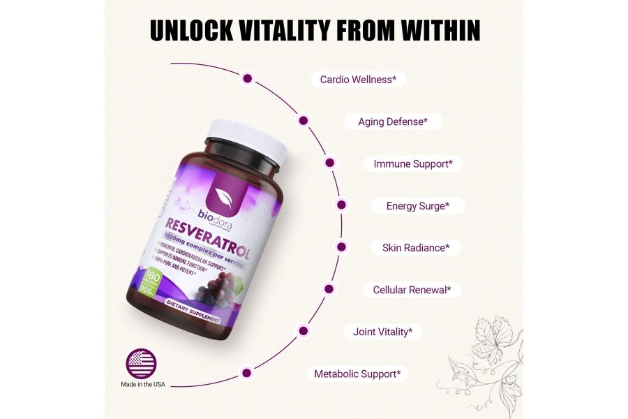 Biodora Resveratrol 1600 mg, Suplemento antioxidante trans-resveratrol con té verde, extracto de semilla de uva y quercetina, ayuda a apoyar la salud digestiva y el sistema inmunológico, 180 cápsulas - Image 4