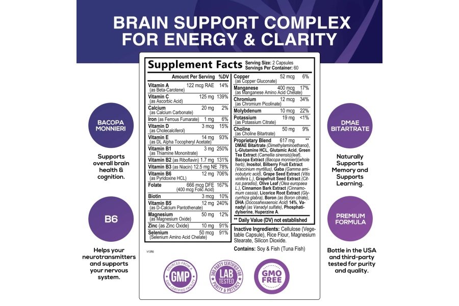 Suplementos cerebrales para la memoria y el enfoque - Nootrópico para la concentración, apoyo cognitivo y de claridad mental, DMAE Bacopa, fosfatidilserina, vitaminas para la salud del refuerzo cerebral B12, B6, C, E - 120 cápsulas - Image 2