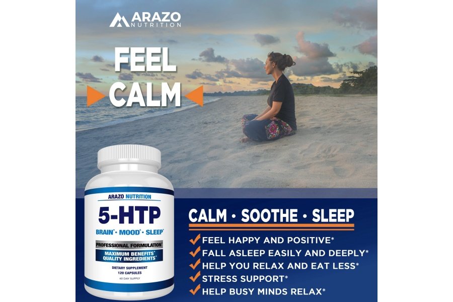 Arazo Nutrition 5-HTP 200 MG Plus Calcio para el estado de ánimo y el sueño – Apoya el estado de ánimo tranquilo y relajado – 99% de alta pureza – 120 cápsulas - Image 4