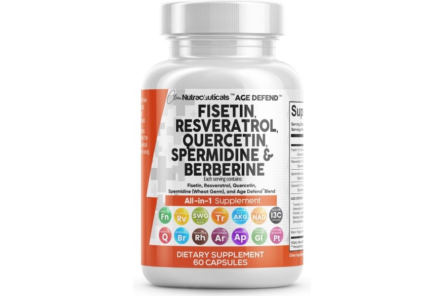 Clean Nutraceuticals Fisetina 2500 mg Quercetina 1000 mg Resveratrol 1000 mg con espermidina Extracto de germen de trigo 1000 mg - Suplemento de salud para adultos Longevidad con berberina, colágeno, rodiola, apigenina