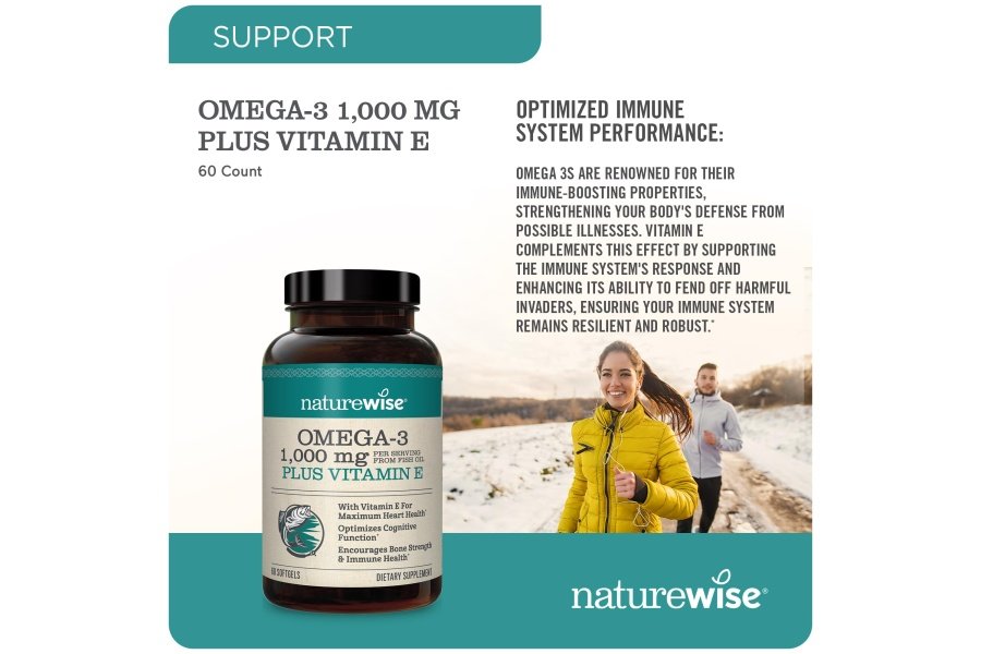 Suplemento de aceite de pescado Omega 3 extrafuerte NatureWise - 1000 mg por porción - 600 EPA y 400 DHA y vitamina E - Apoyo para la salud del corazón y el cerebro - Sabor a limón, sin OGM - 60 cápsulas blandas [suministro para 1 mes] - Image 2