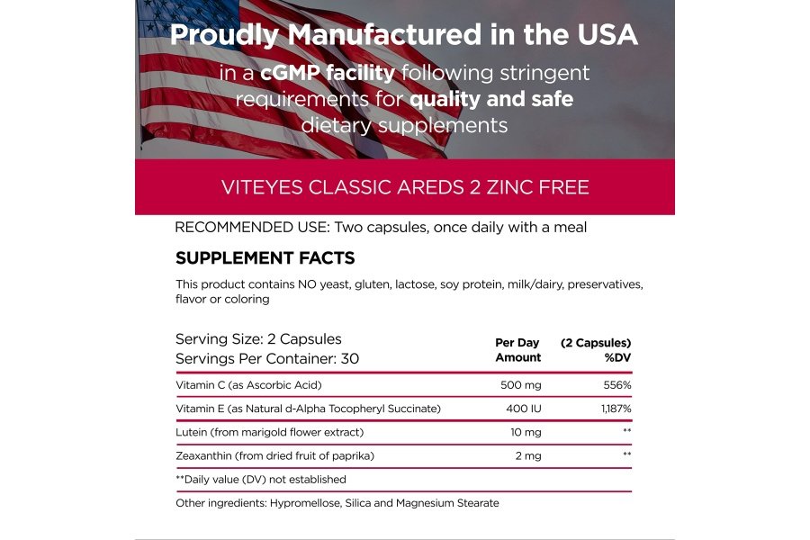 Viteyes AREDS 2 Soporte macular sin zinc, cápsulas naturales sin alérgenos con vitamina E, vitamina C, luteína y zeaxantina, sin zinc, sin cobre, oftalmólogo de confianza, fabricado en los EE. UU., 60 unidades - Image 6