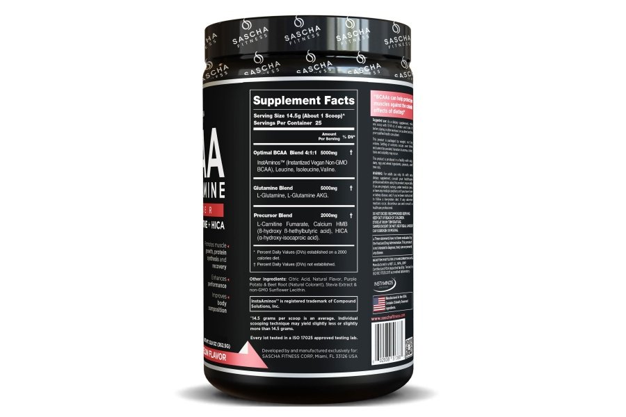 SASCHA FITNESS BCAA 4:1:1 + Glutamina, HMB, L-Carnitina, HICA | Mezcla en polvo potente e instantánea con aminoácidos de cadena ramificada (BCAA) para pre, intra y post-entrenamiento | Sabor natural a sandía, 362,5 g - Image 2