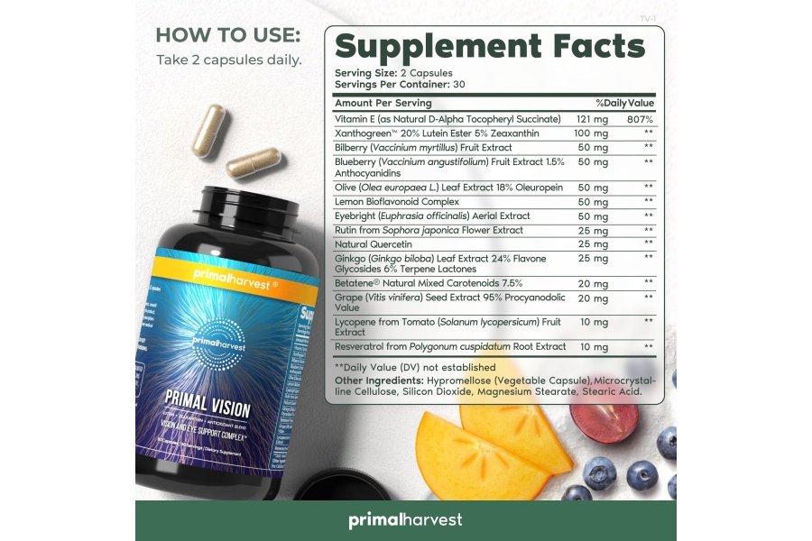 Primal Harvest Vision and Eye Support Complex con luteína, zeaxantina más vitamina E, extracto de arándano y extracto de arándano para la salud ocular general para hombres y mujeres, 60 cápsulas - Image 3