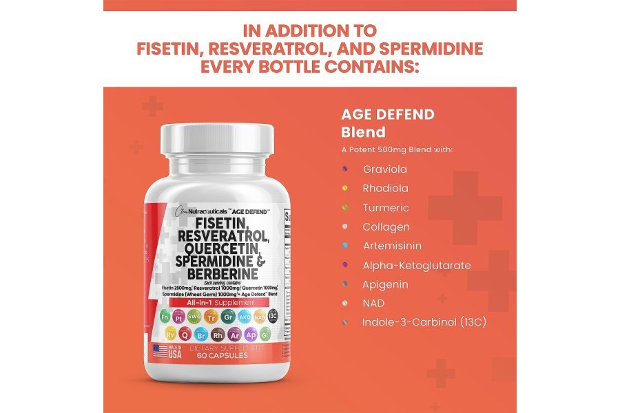 Clean Nutraceuticals Fisetina 2500 mg Quercetina 1000 mg Resveratrol 1000 mg con espermidina Extracto de germen de trigo 1000 mg - Suplemento de salud para adultos Longevidad con berberina, colágeno, rodiola, apigenina - Image 4