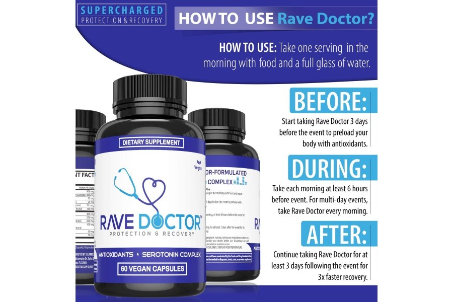 Suplemento Rave Doctor 5 HTP - Vitaminas Rave esenciales para asistentes al festival, accesorios Rave, elementos esenciales para festivales, equipo para festivales, elementos esenciales para Rave, suplemento de 5 htp - Image 3