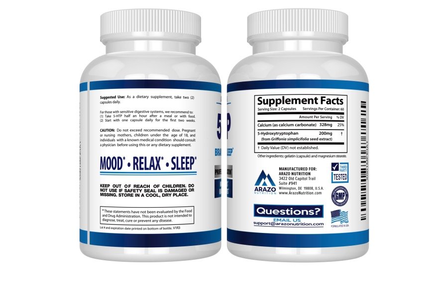 Arazo Nutrition 5-HTP 200 MG Plus Calcio para el estado de ánimo y el sueño – Apoya el estado de ánimo tranquilo y relajado – 99% de alta pureza – 120 cápsulas - Image 3
