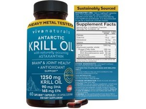 Viva Naturals Aceite de krill antártico Omega 3 Suplementos de ácidos grasos 1250 mg, alta concentración de EPA DHA y astaxantina para el cerebro, la salud de las articulaciones y el apoyo antioxidante, sin eructos de pescado, 60 unidades