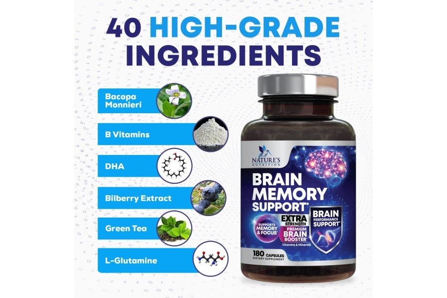 Suplementos cerebrales nootrópicos para la memoria y el enfoque - 40 nootrópicos y vitaminas para apoyar la claridad y la concentración, píldoras de memoria para la salud cerebral con fosfatidilserina bacopa huperzina y DMAE - 180 cápsulas - Image 3